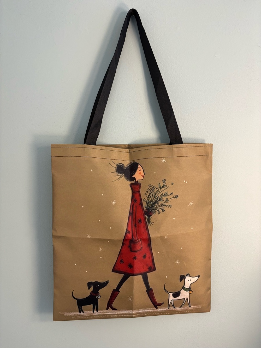 Tan Tote with Red Illustration and Black Straps - Women Bags